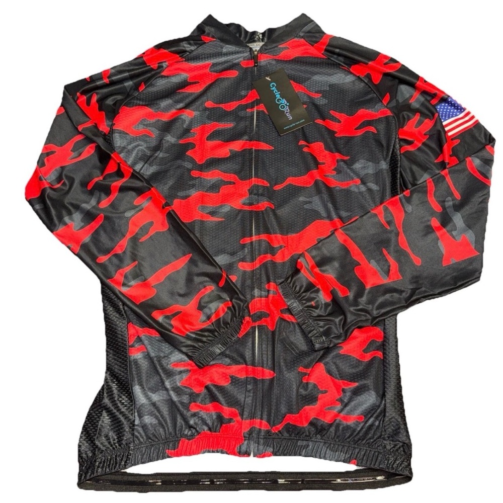 Cycle-Run Zip Up Red Camo XXL 3 Back Pockets Lightweight Breathable USA Graphic